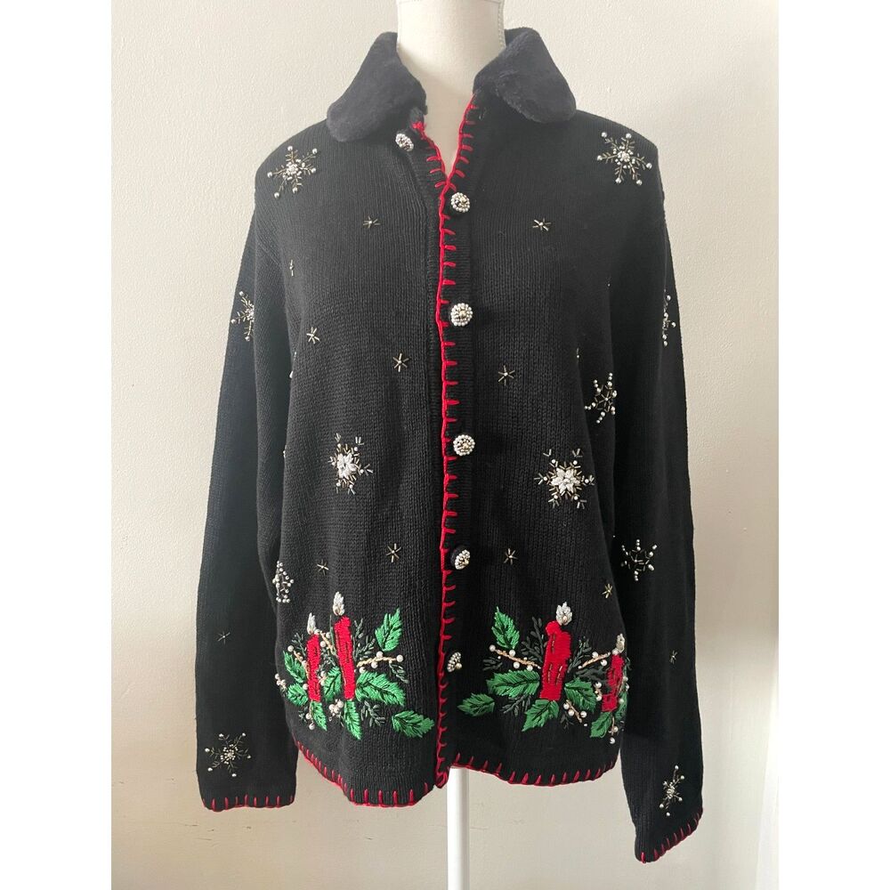 Vtg Christmas Holiday Cardigan Sweater Woven Knit Faux Fur Detachable Collar - L